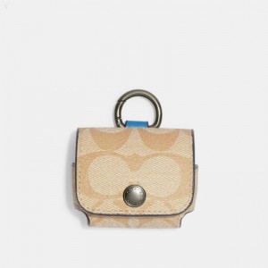 Coach Wireless Earbud Case In Signature Canvas - Men's Accessories - Black Antique Nickel / Light Khaki | TQFR7973