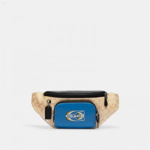 Coach Track Belt Bag In Colorblock Signature Canvas With Coach Stamp - Men's Crossbody Bags - Black Antique Nickel / Light Khaki / Blue Multicolor | DJMG0280