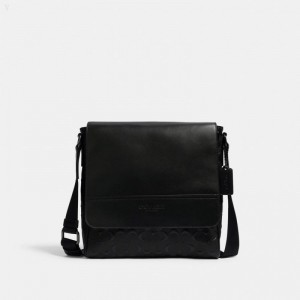 Coach Houston Map Bag In Signature Leather - Men's Crossbody Bags - Black | FZFC5510