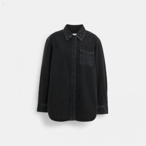 Coach Black Signature Denim Button Down - Women's Coats - Black | OBCI1869
