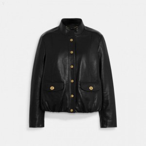 Coach Lightweight Leather Jacket - Women's Jackets - Black | TTHZ5628