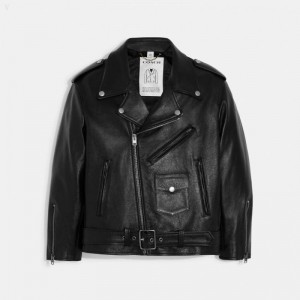 Coach Oversized Leather Biker Jacket - Women's Jackets - Black | DRLK7361