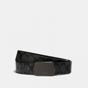 Coach Plaque Buckle Cut To Size Reversible Belt,38 Mm - Men's Belts - Black / Charcoal | CILV4255