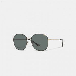 Coach Metal Round Sunglasses - Women's Sunglasses - Black / Light Gold | GHCY9423