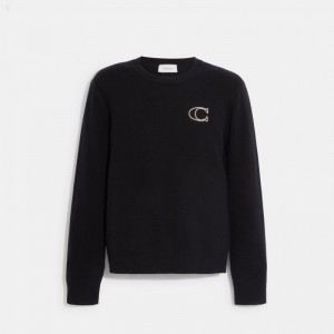 Coach Crewneck Sweater With Signature - Men's Sweater - Black / White | JGOB3062