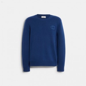 Coach Crewneck Sweater With Signature - Men's Sweater - Blue | TBYP6027