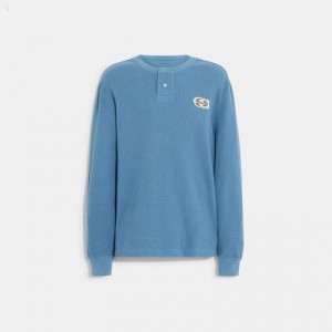 Coach Relaxed Waffle Henley - Men's Tops - Blue | EMSH1459