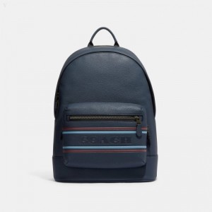 Coach West Backpack With Coach Stripe - Men's Backpacks - Blue Multicolor | VRSO8455
