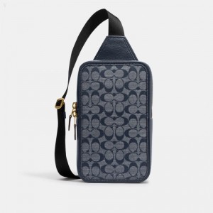 Coach Sullivan Pack In Signature Chambray - Men's Crossbody Bags - Brass / Blue | NKAD0149