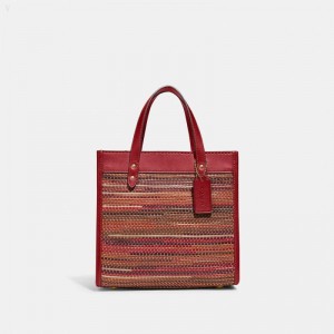 Coach Field Tote 22 In Upwoven Leather - Women's Tote Bags - Brass / Brick Red Multicolor | HFJO5184