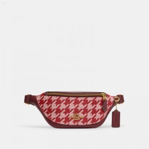 Coach Warren Mini Belt Bag With Houndstooth Print - Men's Crossbody Bags - Brass / Pink / Red | USQF9694