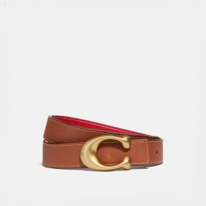 Coach C Hardware Reversible Belt,32 Mm - Women's Belts - Brass / Red / Saddle | QAWX1147