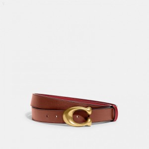 Coach Sculpted C Buckle Cut To Size Reversible Belt,32 Mm - Women's Belts - Brass / Red / Saddle | UEOW6540
