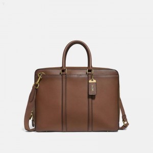 Coach Metropolitan Slim Brief - Men's Briefcase - Brass / Saddle | YMGB7441