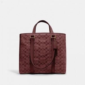 Coach Hudson Double Handle Tote In Signature Chambray - Men's Tote Bags - Brass / Wine | HXDI5064