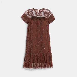 Coach Short Sleeve Lace Dress - Women's Dress - Brown | TTUU7897