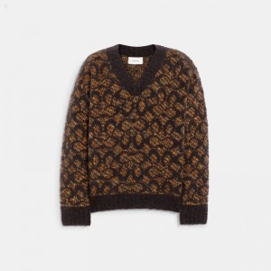 Coach Signature V Neck Sweater - Women's Sweater - Brown | RQOV6881