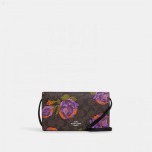 Coach Anna Foldover Clutch Crossbody In Signature Canvas With Rose Print - Women's Crossbody Bags - Brown / Iris Multicolor | PHYM4988