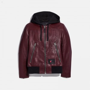 Coach Coach X Champion Leather Jacket - Men's Jackets - Burgundy | NTIS8262