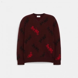Coach Horse And Carriage V Neck Sweater - Men's Sweater - Burgundy | RAMR3125