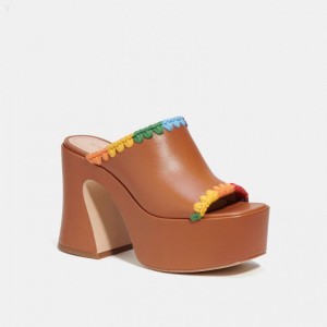 Coach Bobi Platform Sandal With Rainbow Crochet - Women's Sandals - Burnished Amber / Rainbow | JTBJ4889