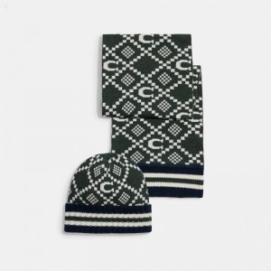 Coach Jacquard Hat And Scarf Set - Women's Scarves - Cactus / Deep Navy | MCHX0934