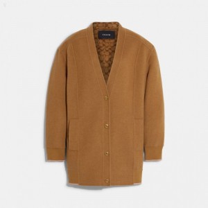 Coach Double Face Wool Cardigan - Women's Coats - Camel | RQSZ7748
