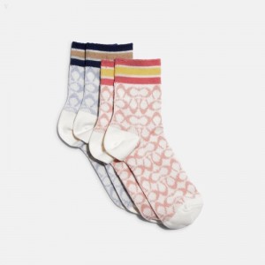 Coach Signature Quarter Length Socks - Women's Socks - Chalk / Multicolor | MNJZ0753