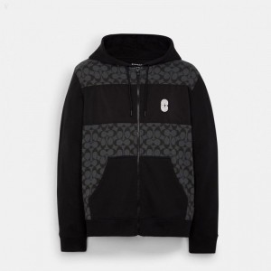 Coach Signature Full Zip Hoodie - Men's Hoodie - Charcoal | XXDX4813