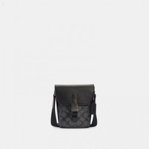 Coach Track Small Flap Crossbody In Signature Canvas - Women's Crossbody Bags - Charcoal | NEYQ4060
