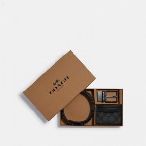 Coach Boxed Card Case And Belt Gift Set In Colorblock Signature Canvas - Men's Accessories - Charcoal / Black | LAJA3682