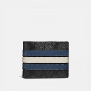 Coach 3 In 1 Wallet In Signature Canvas With Varsity Stripe - Men's Wallets - Charcoal / Blue / | CRQI4059