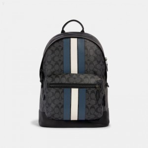 Coach West Backpack In Signature Canvas With Varsity Stripe - Men's Backpacks - Charcoal / Blue / | UOYY8577
