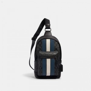 Coach West Pack In Signature Canvas With Varsity Stripe - Men's Crossbody Bags - Charcoal / Blue / | LCCA1952