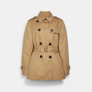 Coach Signature Lapel Short Trench - Women's Coats - Classic Khaki | IQRQ9381