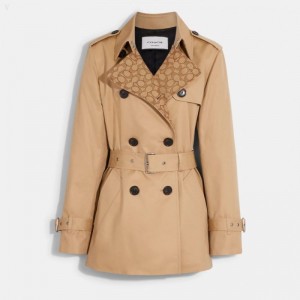 Coach Signature Lapel Short Trench - Women's Coats - Classic Khaki | BKZK6693