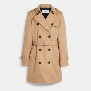 Coach Solid Mid Trench - Women's Coats - Classic Khaki | ESME1498