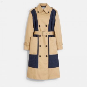 Coach Signature Quilted Trench - Women's Coats - Classic Khaki / Navy | UXJD3813