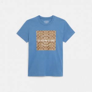 Coach Signature T Shirt In Organic Cotton - Women's T Shirts - Coronet Blue | XRPC1093