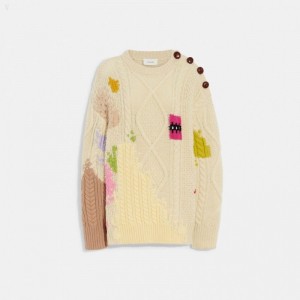 Coach Chunky Crewneck Sweater - Men's Sweater - Cream Multicolor | HVER6525