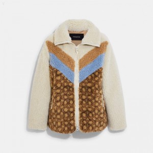 Coach Sherpa Signature Jacket - Women's Jackets - Cream Multicolor | TENN8441