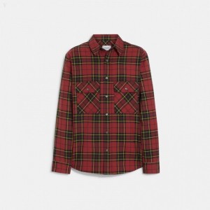 Coach Relaxed Button Up Shirt - Men's Shirts - Crimson Tartan | RHRE1533