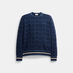 Coach Signature Crewneck Sweater - Men's Sweater - Dark Blue | ZYED5204