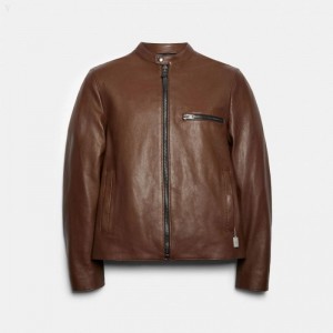 Coach Leather Racer Jacket - Men's Jackets - Dark Fawn | PJIQ1397