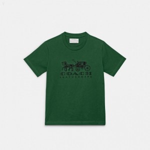 Coach Horse And Carriage T Shirt In Organic Cotton - Women's T Shirts - Dark Pine | OVKN4738