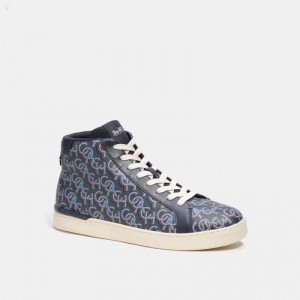 Coach Clip High Top Sneaker With Coach Monogram Print - Men's Sneakers - Deep Navy | XMTR9092