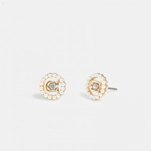 Coach Signature Crystal Pearl Stud Earrings - Women's Jewelry - Gold | TTIT8906