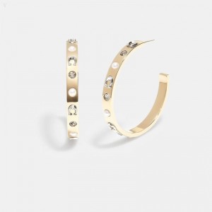 Coach Pegged Signature And Stone Large Hoop Earrings - Women's Jewelry - Gold / Black Diamond | KIWF2760
