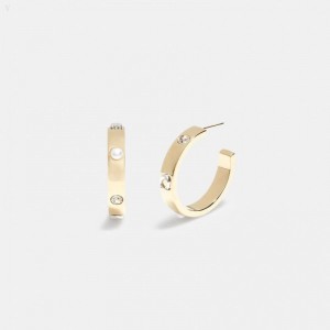 Coach Pegged Signature And Stone Small Hoop Earrings - Women's Jewelry - Gold / Black Diamond | TNMC2810