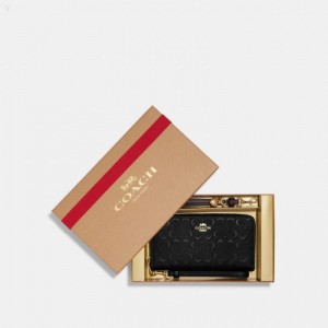 Coach Boxed Long Zip Around Wallet In Signature Leather - Women's Wallets - Gold / Black | GYSU6862
